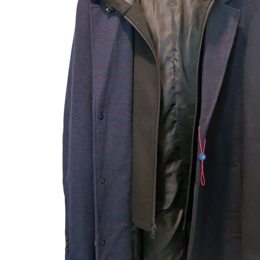 NWOT Egara Men's S M Blue Plaid Wool Pea Coat Layered Look Hooded Thick Heavy